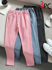 SHEIN TWEEN GIRLS Jeans 3-Piece Set, High Elasticity Comfortable Soft Denim Fabric, Three-Color Multi-Piece Set, Waist Button Detail, Casual All-Match Style, Versatile Fit, Minimalist Design. Suitable For Autumn/Winter Wear, Autumn New Arrival, High Cost-Performance Multi-Piece Set - Multicolor - View 3