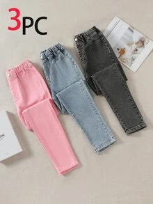 SHEIN TWEEN GIRLS Jeans 3-Piece Set, High Elasticity Comfortable Soft Denim Fabric, Three-Color Multi-Piece Set, Waist Button Detail, Casual All-Match Style, Versatile Fit, Minimalist Design. Suitable For Autumn/Winter Wear, Autumn New Arrival, High Cost-Performance Multi-Piece Set - Multicolor - View 1