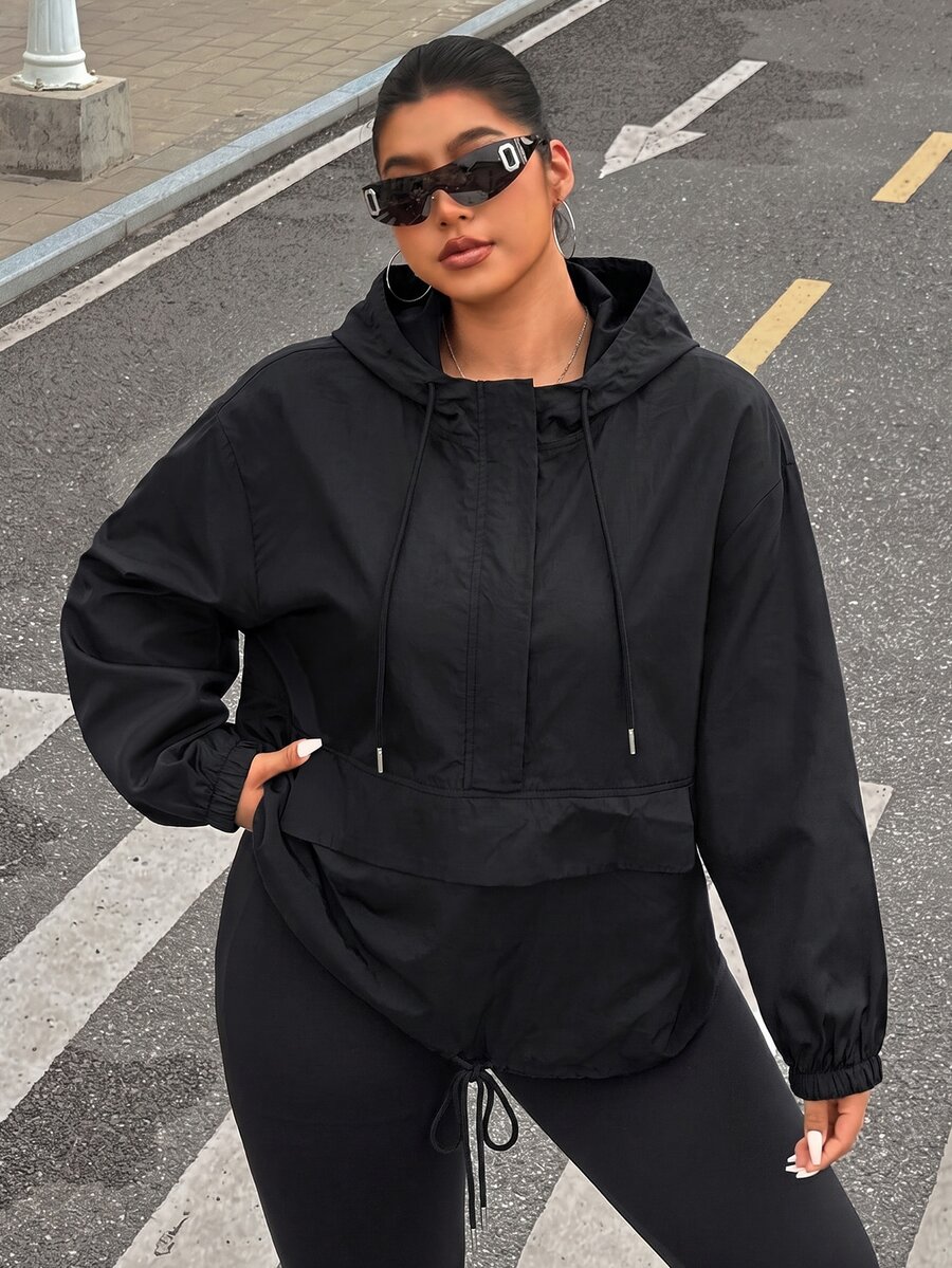 Muchica Plus Size Women's Solid Color Long Sleeve Pocket Drawstring Hooded Jacket - Black - View 1