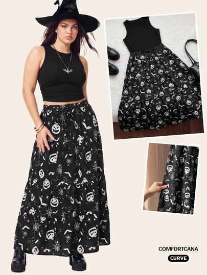 Comfortcana Black Sleeveless Tank Top & Maxi Skirt 2 Pieces Set Plus Size