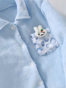 2pcs/Set Girls Pajama Set, Pink & Blue Solid Color Open Front Flannel Top + Exquisite Pattern Long Pants, Top Pocket With 3D Padded Cute Rabbit, Suitable For Autumn/Winter Home Wear - Blue - View 5