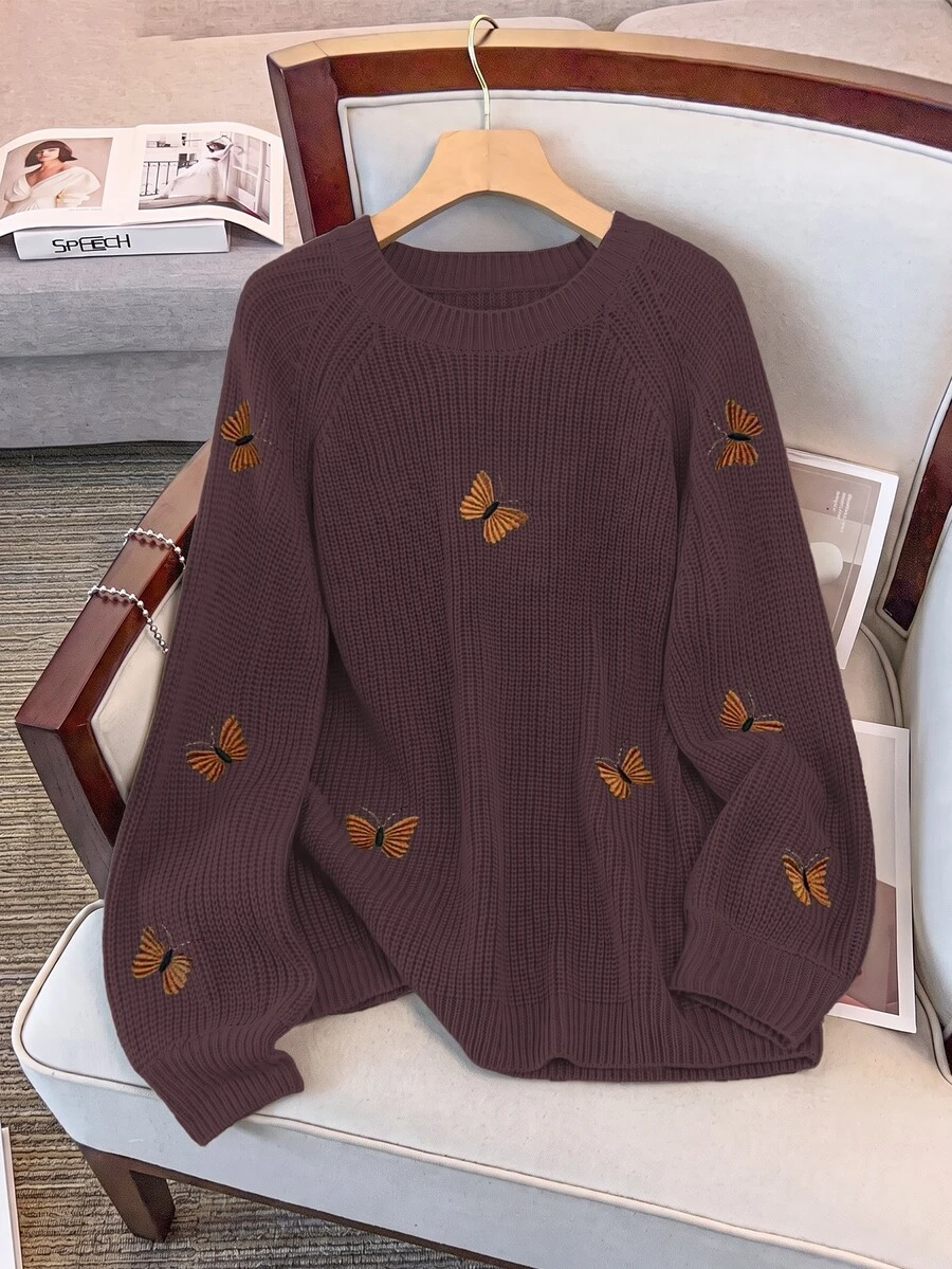 Linhara CURVE Women's Solid Color Knit Bow Embroidery Long Sleeve Regular Elegant Autumn/Winter Pullover Sweater - Red Violet - View 1