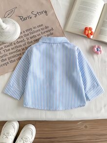 SHEIN Playful Pals 女嬰休閒格紋韓風清新可愛長袖襯衫上衣，適合春秋冬季，適合外出與日常穿著 - 藍色 - 查看 2
