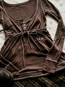 IslaSuriya Atasan Lengan Panjang Vintage Wanita, Musim Gugur/Dingin - Rust Brown - View 4