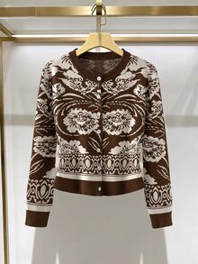 Linhara CURVE Plus Size Vintage Jacquard Fashion Button Long Sleeve Knit Cardigan - Coffee Brown - View 1