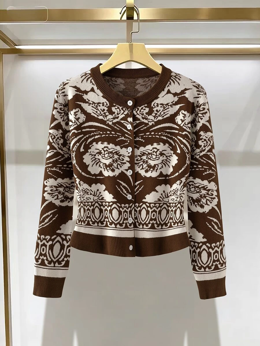 Linhara CURVE Plus Size Vintage Jacquard Fashion Button Long Sleeve Knit Cardigan - Coffee Brown - View 1
