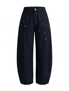 SHEIN Women's Fashion Metal Eyelet Decor Original Color Washed Denim Jeans - Navy Blue - View 4