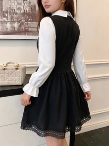 SHEIN 青少年女孩秋季連衣裙 2合1洋裝，翻領泡泡袖配荷葉邊袖口，休閒針織抓皺花卉寬鬆度假風秋裝 - 黑色 - 查看 6