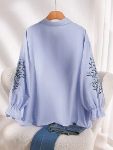 CosyJoli 大尺碼女款休閒襯衫，藍色條紋休閒女裝長袖襯衫，刺繡襯衫，鈕扣開襟襯衫，適合外出穿著 - 寶藍色 - 查看 3