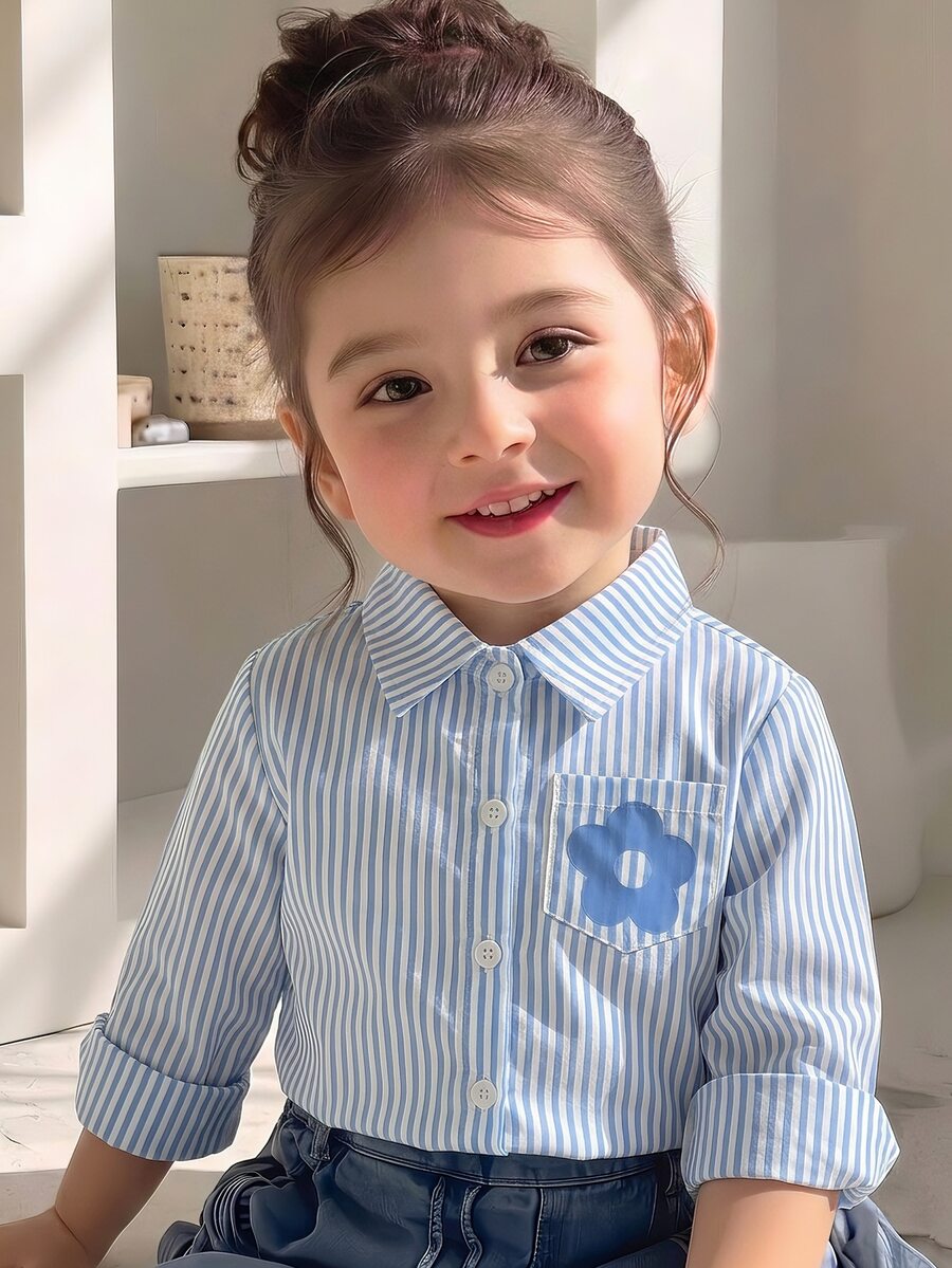 SHEIN Playful Pals 女嬰休閒格紋韓風清新可愛長袖襯衫上衣,適合春秋冬季,適合外出與日常穿著 - 藍色 - 查看 1