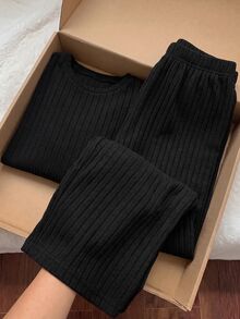 Comfortcana Plus Size Autumn Casual Solid Color Top And Pants 2 Pieces Set - Black - View 4