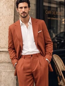 Suiteron Men's Casual Button Long Sleeve Blazer And Pocket Long Pants Suit Set , Italian-Tailored Relaxed Suit Set , Smart Casual, Business Commuting , Formal - Rust Brown - View 3