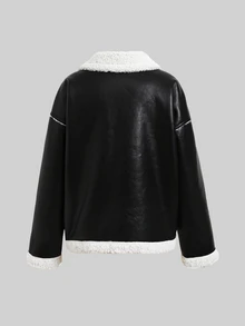 SHEIN Tween Girl PU Composite Thermal Lined Contrast Color Collar Biker Jacket, Autumn/Winter Outwear - Black - View 4