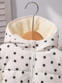SHEIN 女童波點圖案長袖前開拉鍊保暖內裡連帽冬季外套 - 米色 - 查看 3