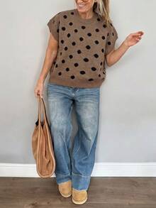 SHEIN LUNE CURVE Plus Size Women's Autumn Round Neck Color Block Polka Dot Pattern Petal Sleeve Pullover Knit Top - Coffee Brown - View 4