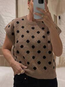 SHEIN LUNE CURVE Plus Size Women's Autumn Round Neck Color Block Polka Dot Pattern Petal Sleeve Pullover Knit Top - Coffee Brown - View 3