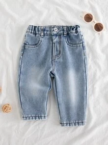 Boys' Thermal Lined Thick Denim Jeans, Light Blue Washed Loose Rolled Hem Wide Leg Pants, Baby Boy Autumn/Winter Casual Outdoor Trousers - Light Wash - View 4