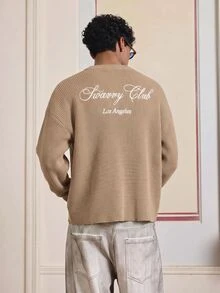 SWAVVY 男士時尚百搭刺繡長袖針織衫，適合日常穿著 - 杏色 - 查看 1