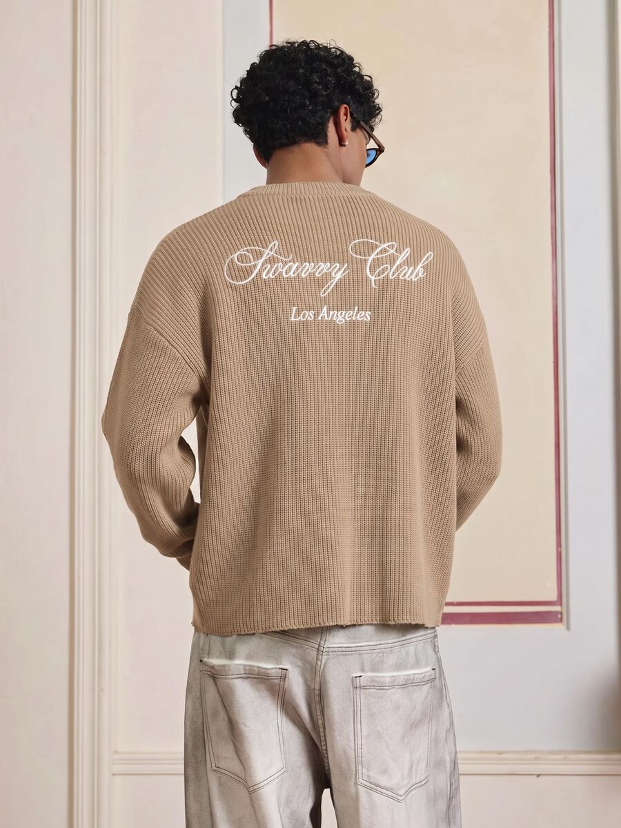 SWAVVY 男士時尚百搭刺繡長袖針織衫,適合日常穿著 - 杏色 - 查看 1