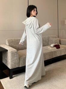 Modelyn Sweatshirt Panjang Wanita Motif Bunga Renda Patchwork Longgar Berkerudung Abaya Muslim - Light Grey - View 2