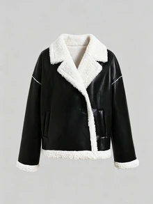 SHEIN Tween Girl PU Composite Thermal Lined Contrast Color Collar Biker Jacket, Autumn/Winter Outwear - Black - View 3