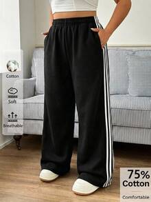 SHEIN EZwear 新款大尺碼休閒黑色簡約百搭女款寬腿褲，75%棉 - 黑色 - 查看 1