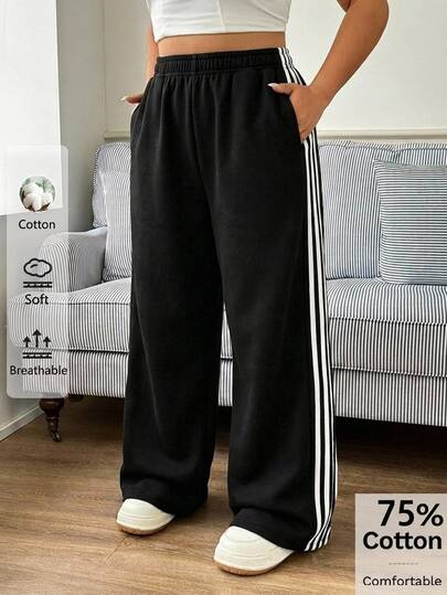 SHEIN EZwear New Plus Size Casual Black Simple Versatile Pants, 75% Cotton Wide Leg Pants, Women Pants Wide Leg Fall