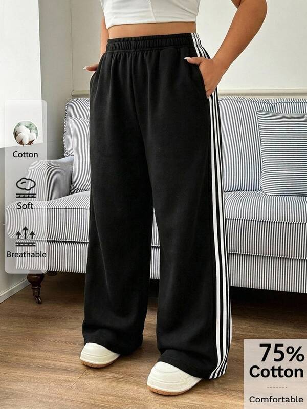 SHEIN EZwear New Plus Size Casual Black Simple Versatile Pants, 75% Cotton Wide Leg Pants, Women Pants Wide Leg Fall