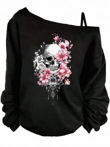 EMERY ROSE 秋冬新款萬聖節大尺碼女款花卉骷髏圖案單肩帶長袖T恤 - 黑色 - 查看 1