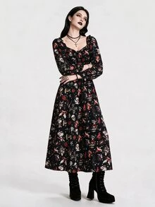 Breakform Halloween Dark Style Vintage Tattoo Print Waist-Cinching Slimming Dress - Multicolor - View 3