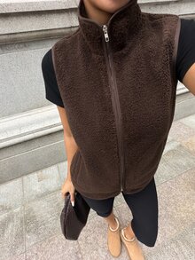 Flirla Women's Brown Lamb Fleece High Neck Sleeveless Pocket Vest Jacket, Fashionable Retro Style For Autumn/Winter - Brown - View 1