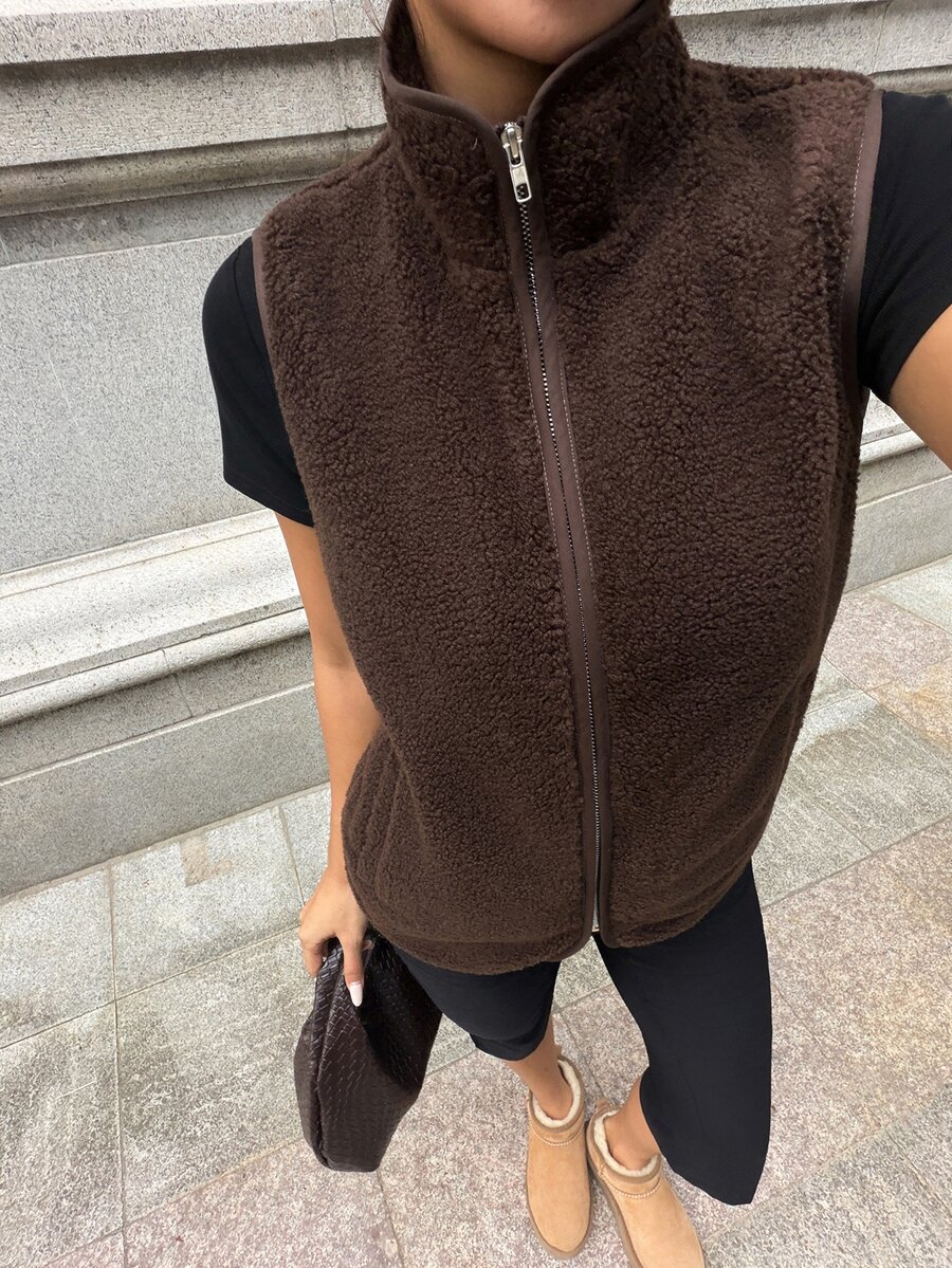 Flirla Women's Brown Lamb Fleece High Neck Sleeveless Pocket Vest Jacket, Fashionable Retro Style For Autumn/Winter - Brown - View 1