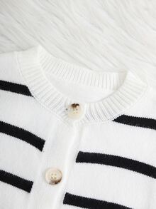 SHEIN Young Girl Knitted Striped Crew Neck Casual Cardigan - Black and White - View 3