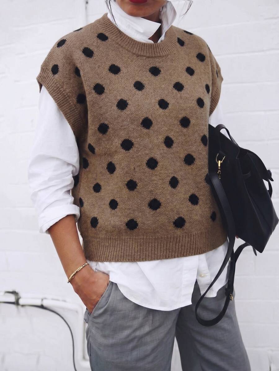 SHEIN LUNE CURVE Plus Size Women's Autumn Round Neck Color Block Polka Dot Pattern Petal Sleeve Pullover Knit Top - Coffee Brown - View 1