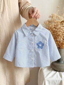 SHEIN Playful Pals 女嬰休閒格紋韓風清新可愛長袖襯衫上衣，適合春秋冬季，適合外出與日常穿著 - 藍色 - 查看 3