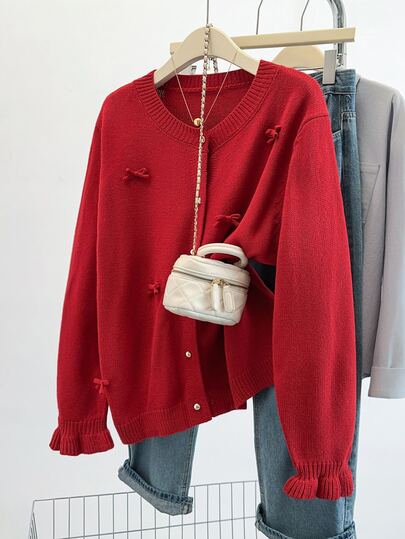 GlowEve CURVE Cárdigan de punto para mujer talla grande, ajustado, elegante y romántico, estilo hada, con lazo 3D, cuello redondo, botones delanteros, hombros regulares, manga larga, rojo navideño, para otoño