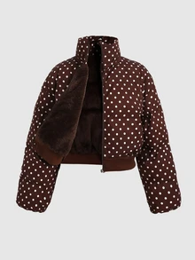 SHEIN Tween Girls Brown Polka Dot Oversized Cropped Stand Collar Puffer Padded Winter Coat - Brown - View 4