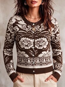 Linhara CURVE Plus Size Vintage Jacquard Fashion Button Long Sleeve Knit Cardigan - Coffee Brown - View 4
