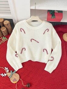 SHEIN 1件青少年女孩毛衣，簡約百搭圓領白色落肩長袖，3D配色糖果棒棒糖裝飾，聖誕節假期主題可愛俏皮風套頭衫，適中厚度，整齊下擺，緊口袖口，柔軟親膚，單穿好看，穿脫方便，適合聖誕節假期穿著，秋冬必備 - 白色 - 查看 1