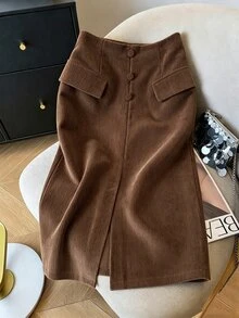 SHEINBlues 女款燈芯絨面料前開衩鈕扣裝飾A字直筒裙，優雅70年代辦公約會秋季服飾，感恩節，咖啡棕色 - 棕色 - 查看 1