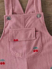 SHEIN Playful Pals 可愛風格休閒吊帶褲，適合4-7歲小女孩，春秋冬季穿著，深粉色櫻桃圖案配粉色蝴蝶結裝飾，寬鬆直筒版型，柔軟舒適面料，適合日常穿著、上學、通勤、外出、度假、派對等多種場合的時尚單品 - 粉色 - 查看 5