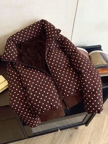 SHEIN Tween Girls Brown Polka Dot Oversized Cropped Stand Collar Puffer Padded Winter Coat - Brown - View 9