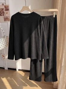 Comfortcana Plus Size Autumn Casual Solid Color Top And Pants 2 Pieces Set - Black - View 2