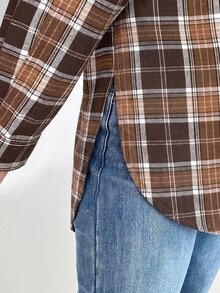 SHEIN Essnce 大尺碼女款格紋落肩單排扣休閒寬鬆襯衫 - 棕色 - 查看 7