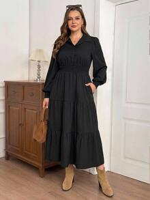 Shapeblank Plus Size Shirred Waist Pocket Button Long Sleeve Dress Fall - Black - View 4