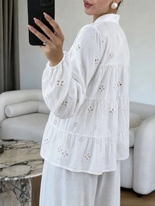 Modelyn 大尺碼長袖純色刺繡鈕扣休閒襯衫，秋季新款 - 白色 - 查看 2