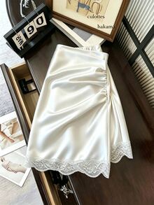 GlowEve CURVE Plus Size Women's Solid Color Contrast Lace Ruffle Split Hem Elegant Skirt Fall - White - View 4