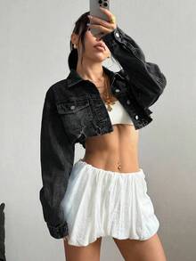 Jeanoix Plus Size Outdoor Fashion Distressed Raw Hem Pocket Cropped Black Denim Jacket - Black - View 6