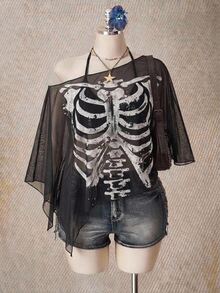 SHEIN CURVE+ Plus Size Halloween Skeleton Print Mesh Top For Women - Multicolor - View 6