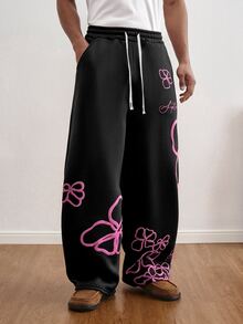 TOKVUE Y2K Men's Casual Colorblock Letter Print Drawstring Waist Sports Pants, Men's Printed Sweatpants, - Black - View 4
